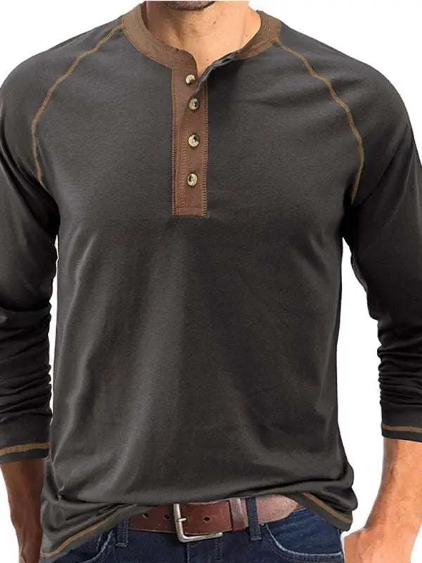 Tops - Stylish Men's Colorblock Long Sleeve T-Shirt with Button Detail - Tops | MENLL